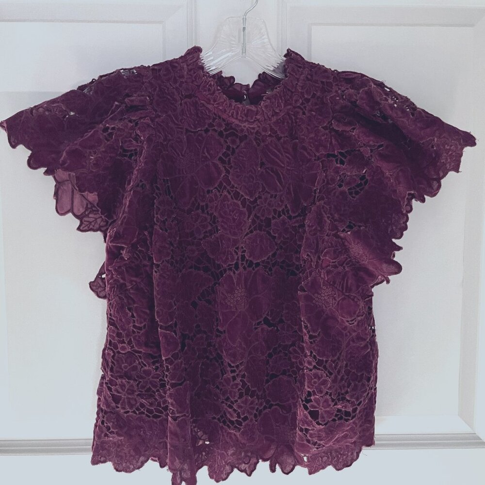 Anthropologie Burgandy Velvet Flutter Sleeve Top